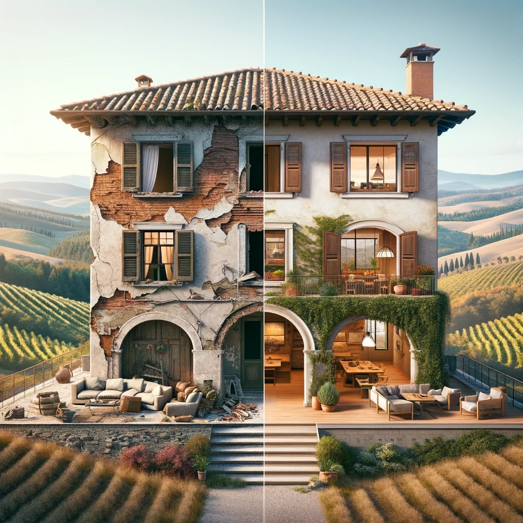 Rustic Tuscan house with vineyard representing Tuscany Charm